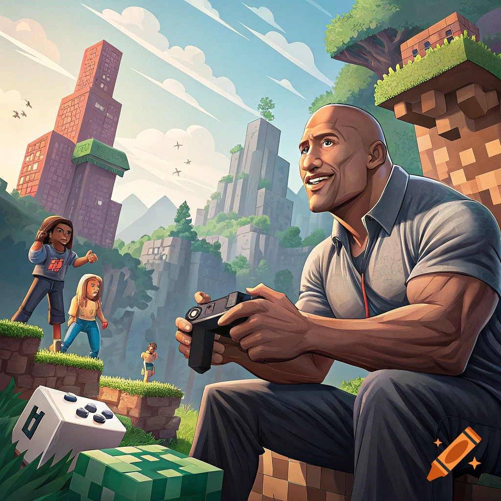 Cartoon illustration of Dwayne Johnson playing a video game in a blocky world with kids watching.