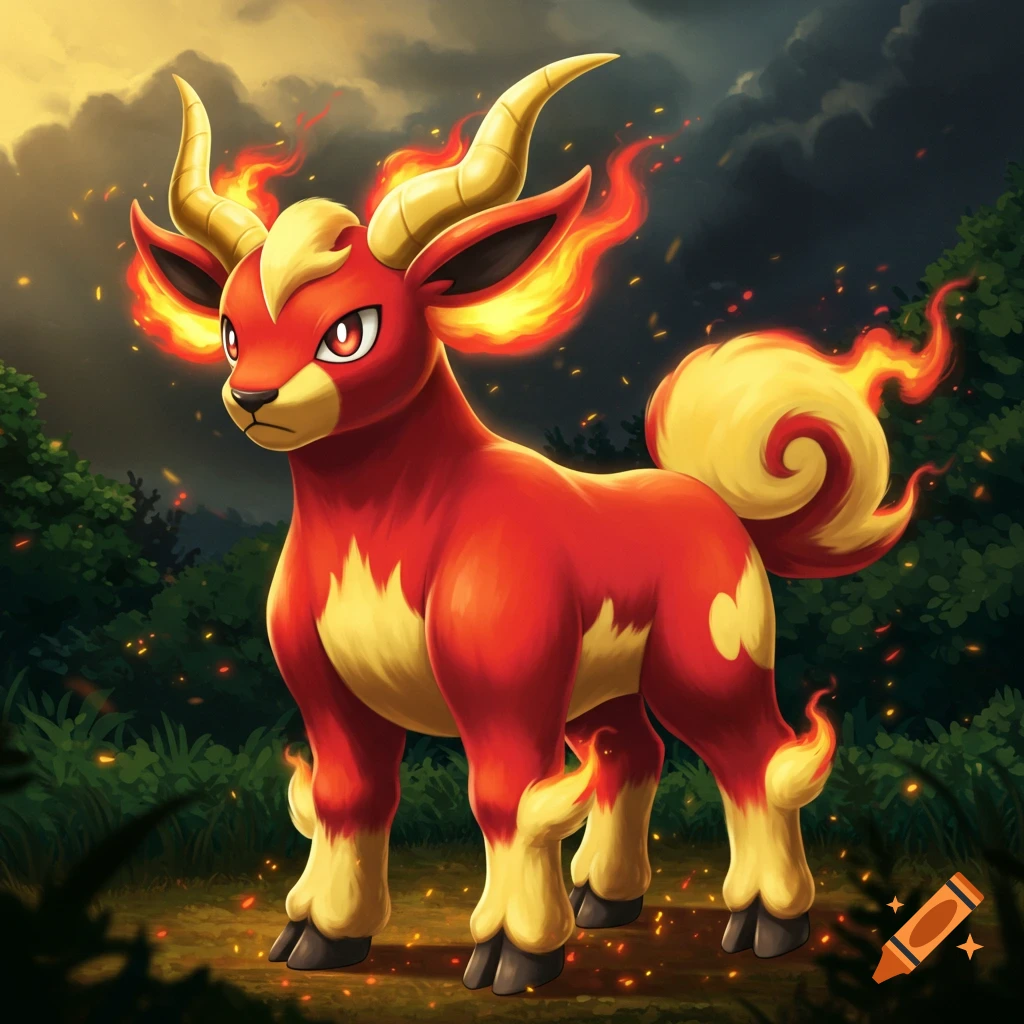 A red and golden fire-themed creature with horns and a curly tail stands in a forest.