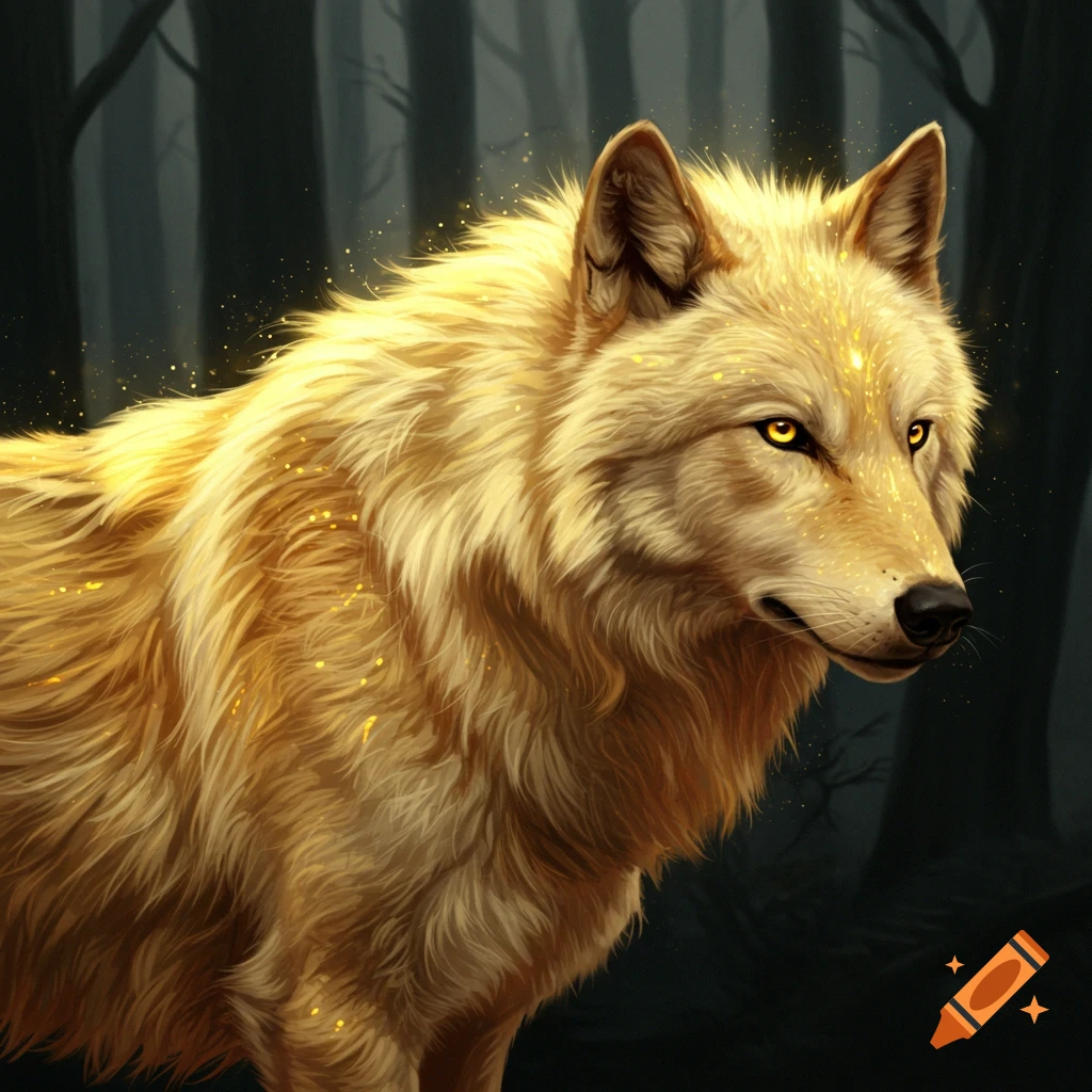 a golden wolf in a dark forest
