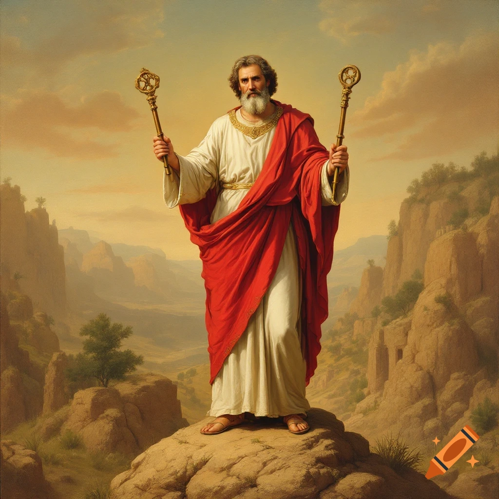 Painting of a bearded man in robes holding two keys, standing on a rock in a landscape.