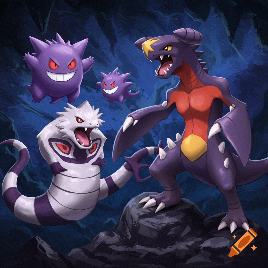 Gengar, Arbok, and Garchomp together in a cave.