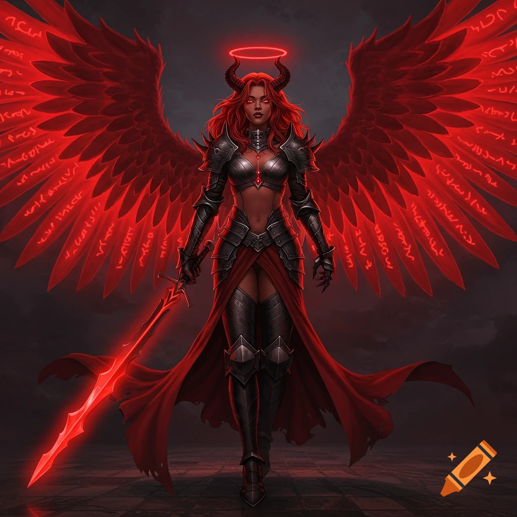 An anime-style fallen angel with red glowing wings bearing runes, dark armor, and a red sword stands facing forward.