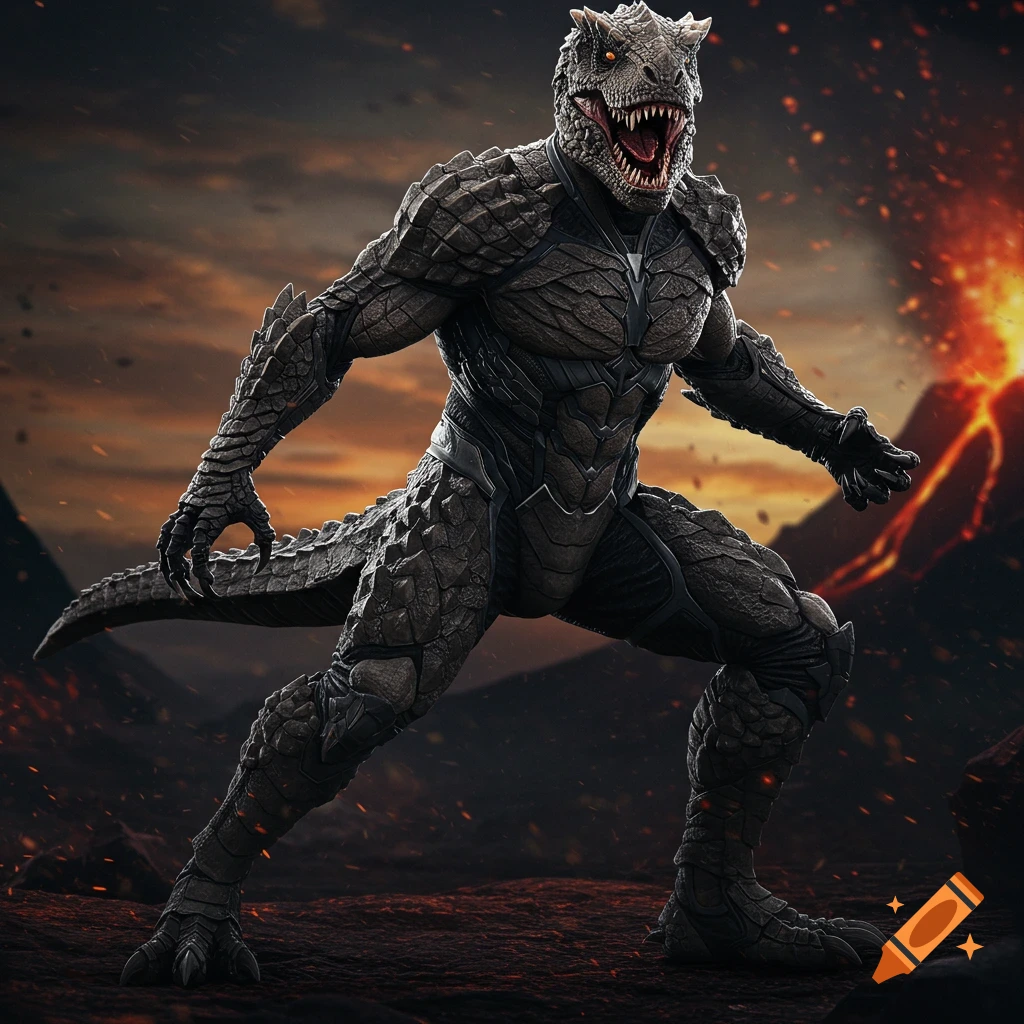 Hyper realistic dinosaur-like creature in armor stands in a volcanic landscape.
