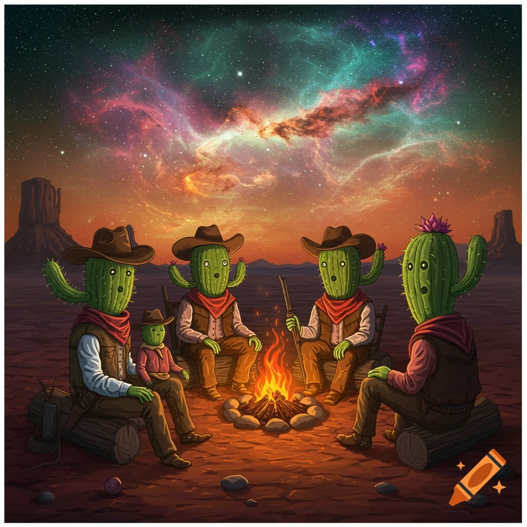 Cactus people in cowboy hats sit around a campfire in a desert under a vibrant cosmic sky.