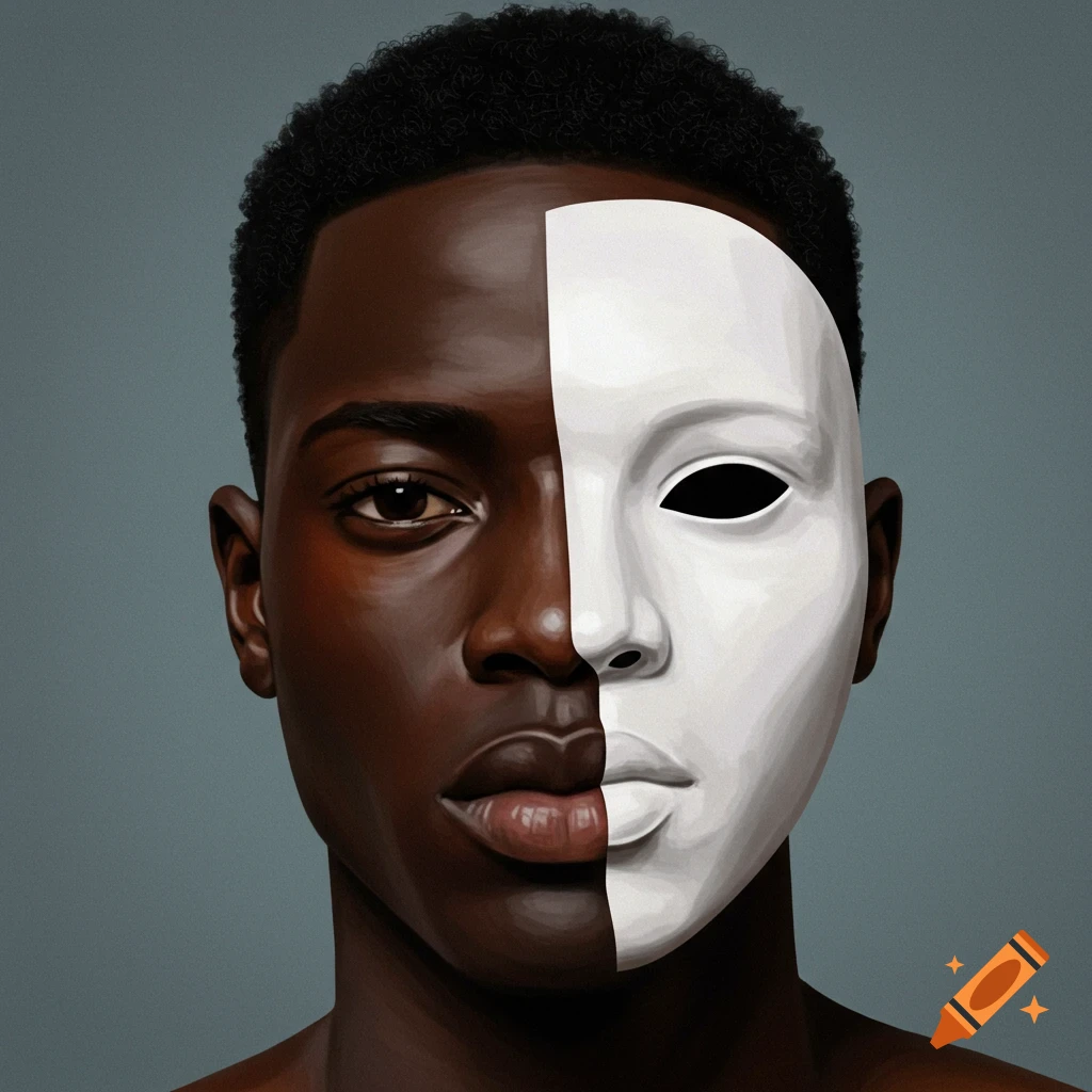 A young man is depicted with half of his face covered by a white mask.