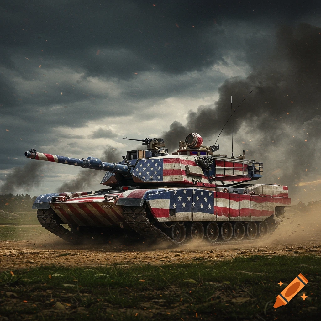 A battle tank decorated with the US flag, kicking up dust in a field.