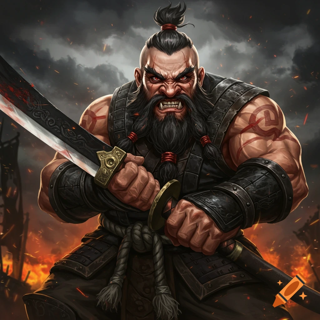An angry fantasy warrior with a beard and topknot, holding a bloody sword in a battle scene.