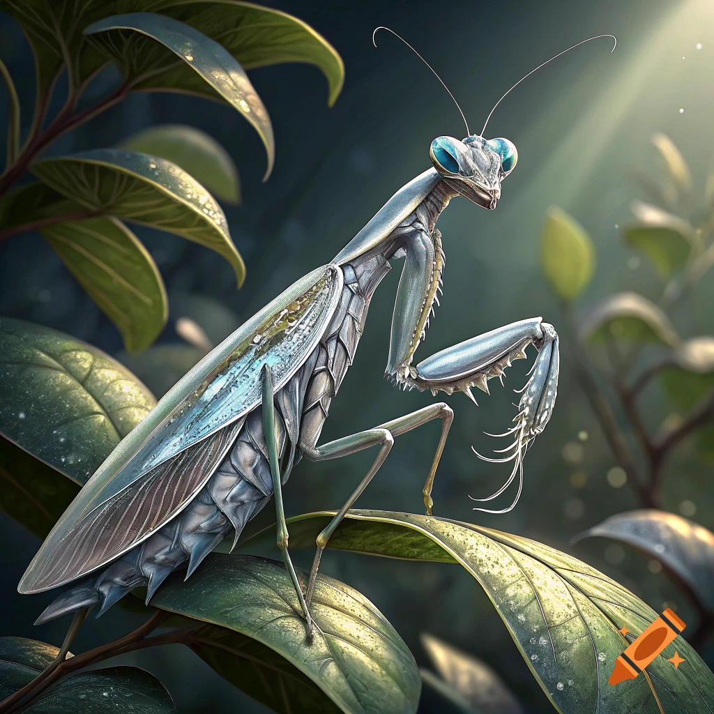 Close up of a metallic blue and silver praying mantis perched on a green leaf in dappled sunlight.