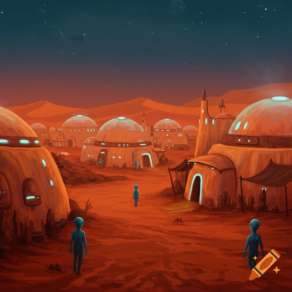 Blue aliens walking in a town on a red desert planet under a starry sky.