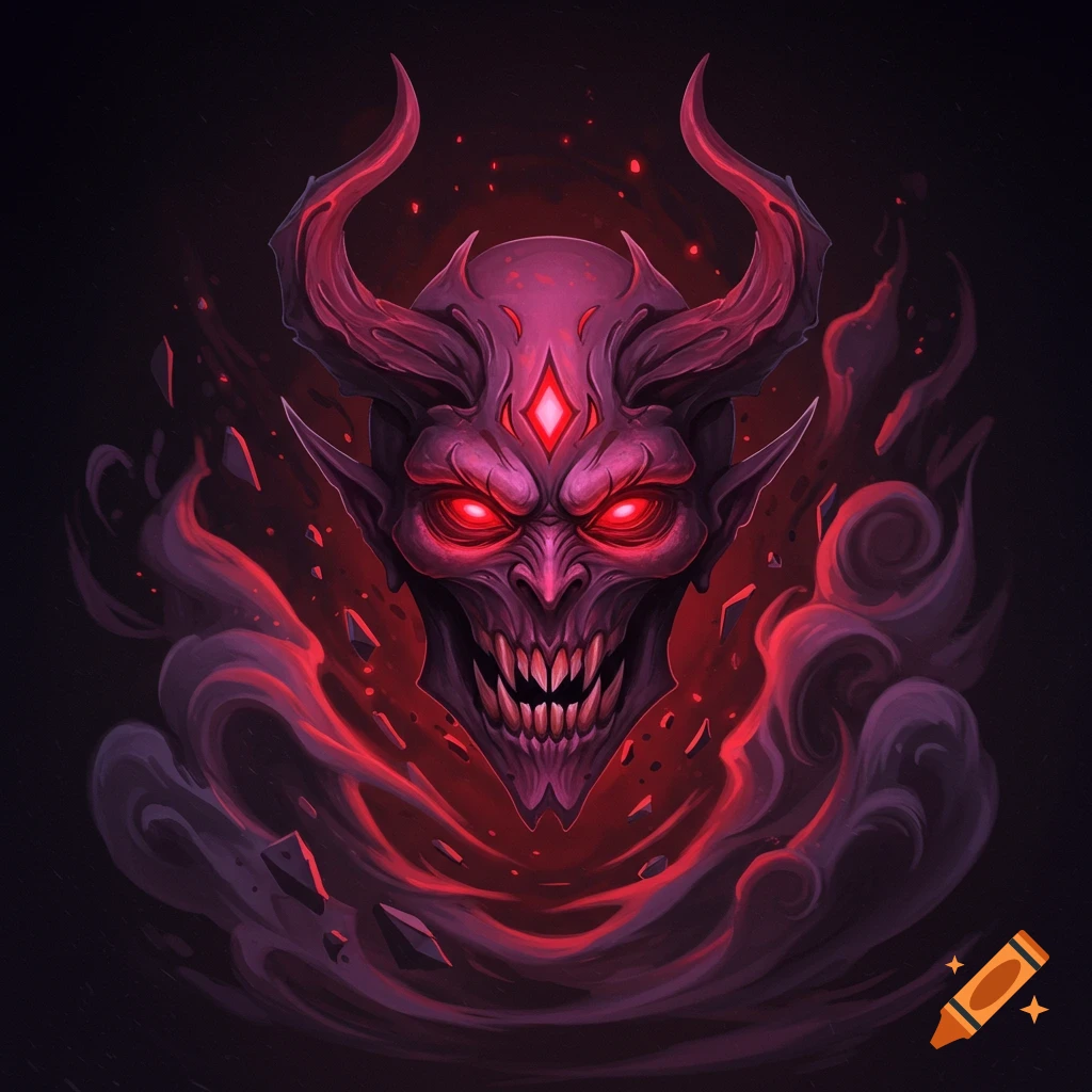 A stylized purple demon head with red eyes and horns, surrounded by red and purple smoke and glowing particles.