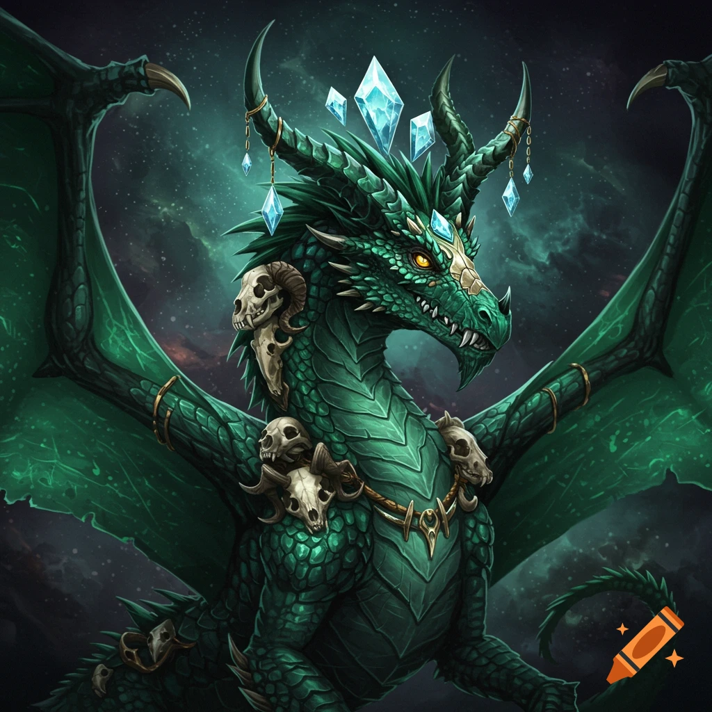 A green fantasy dragon adorned with skulls and diamonds against a starry background.