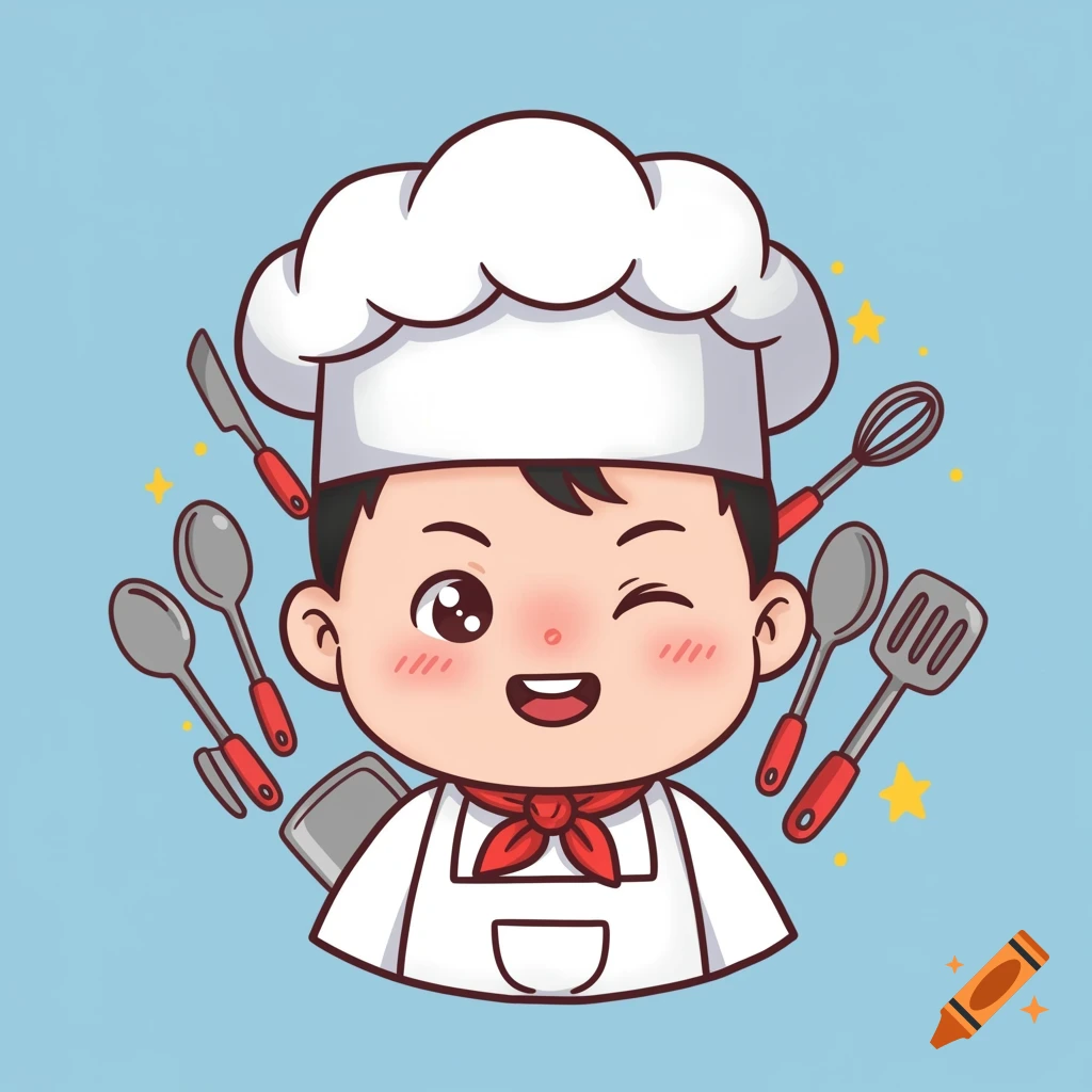 Cute cartoon child chef surrounded by kitchen utensils