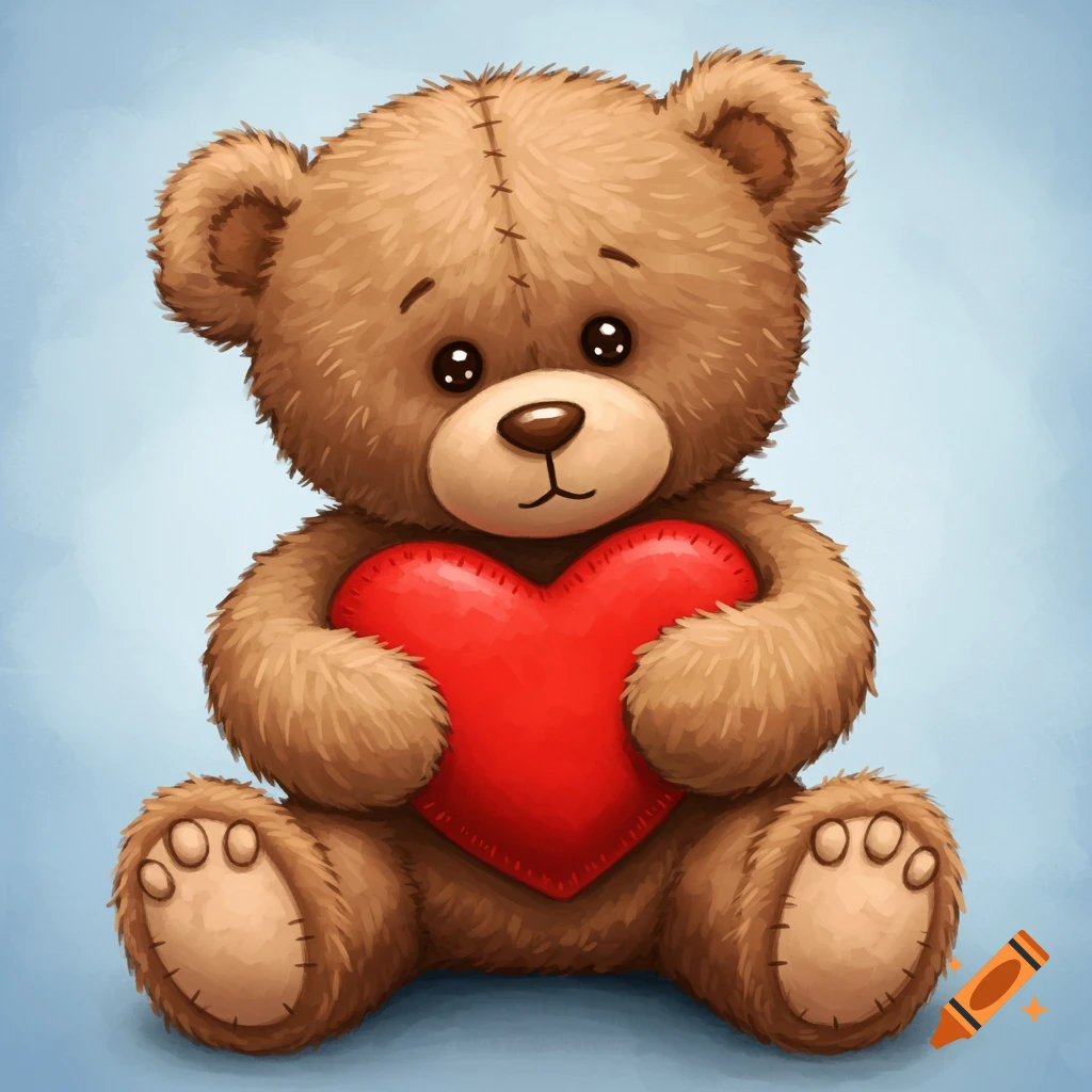 A cute brown teddy bear holds a red heart in a whimsical scene.
