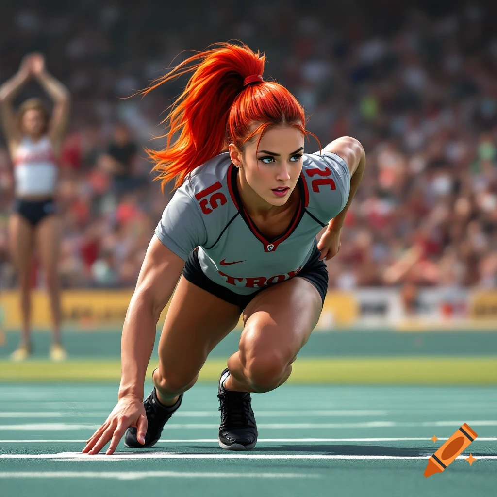 A female runner with red hair in a ponytail is in a starting block pose on a track.