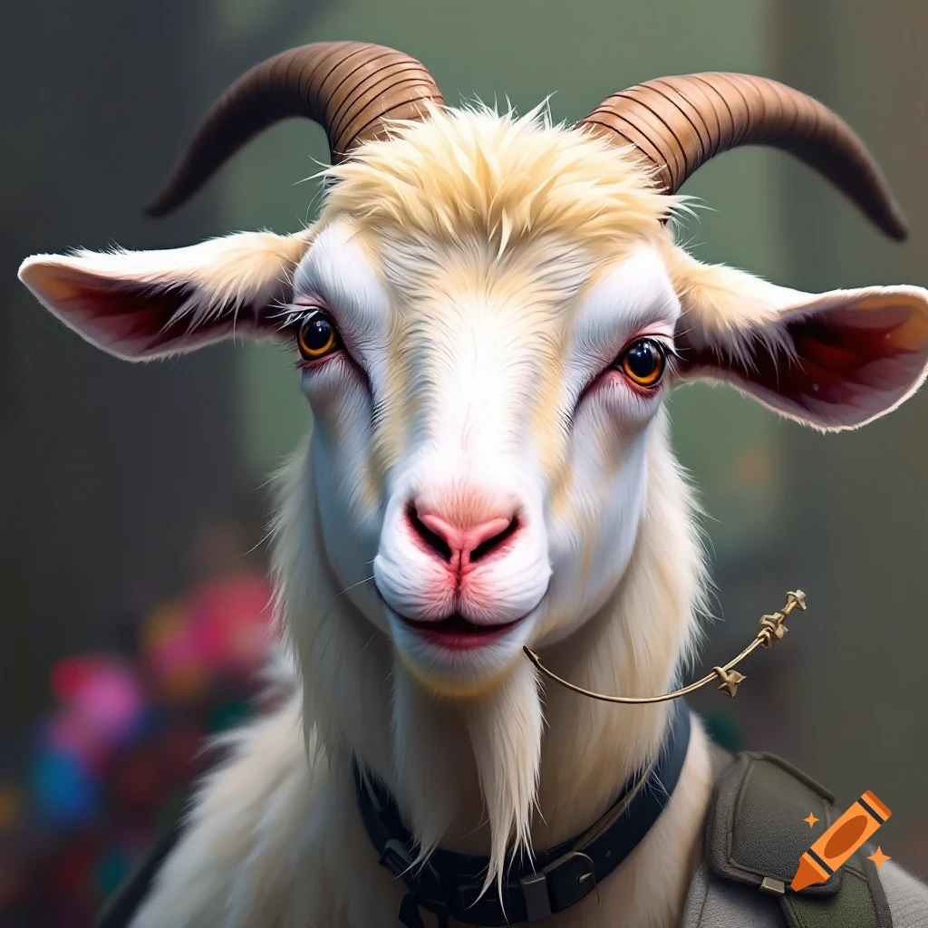 Close-up portrait of a goat with detailed horns and eyes.