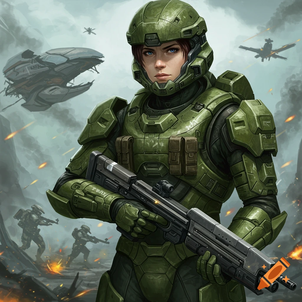 Image of a female soldier in green sci-fi armor holding a rifle in a battle scene.
