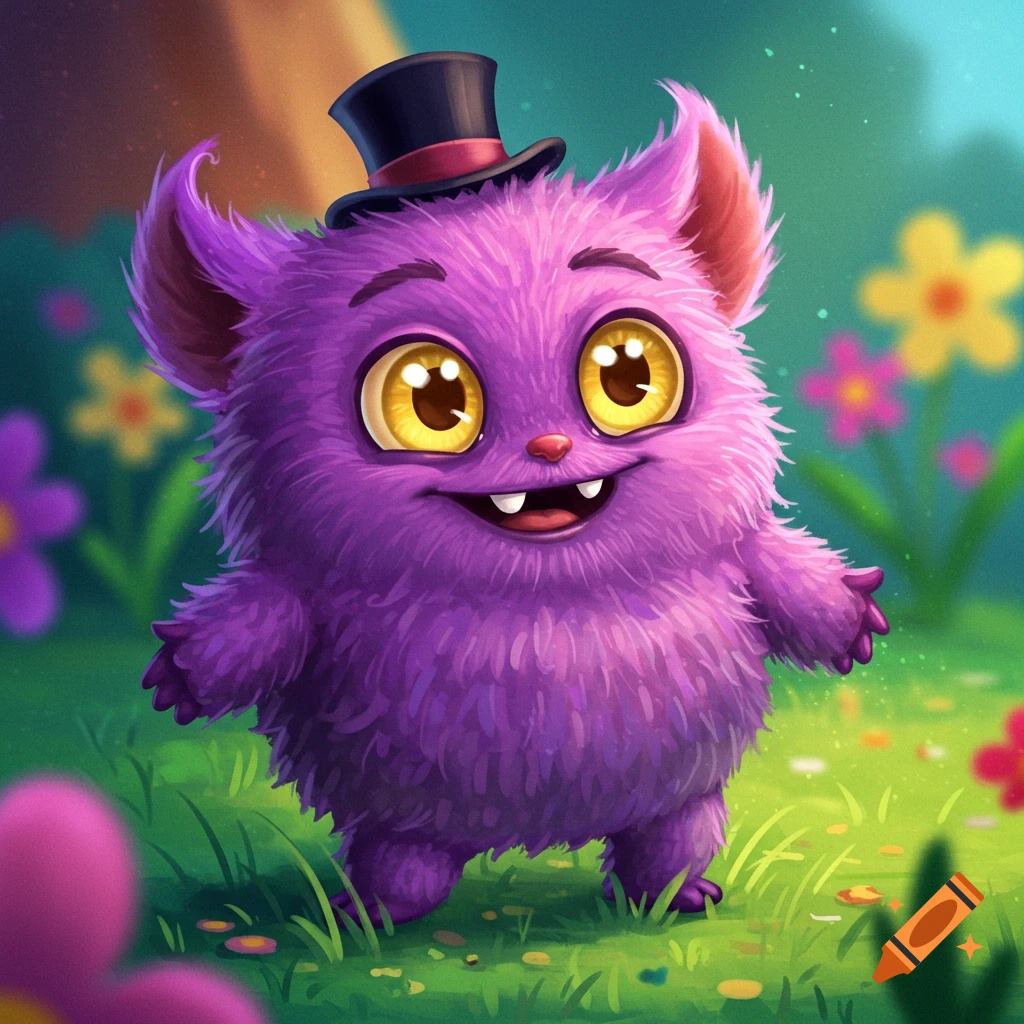 A cute purple fluffy creature in a top hat stands in a flower field.
