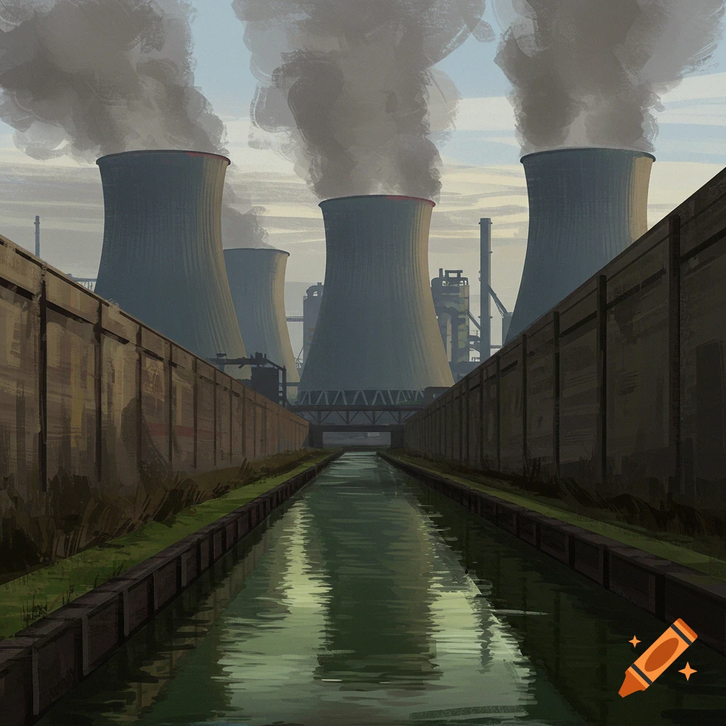 Cooling towers emitting smoke above a canal and factory walls.