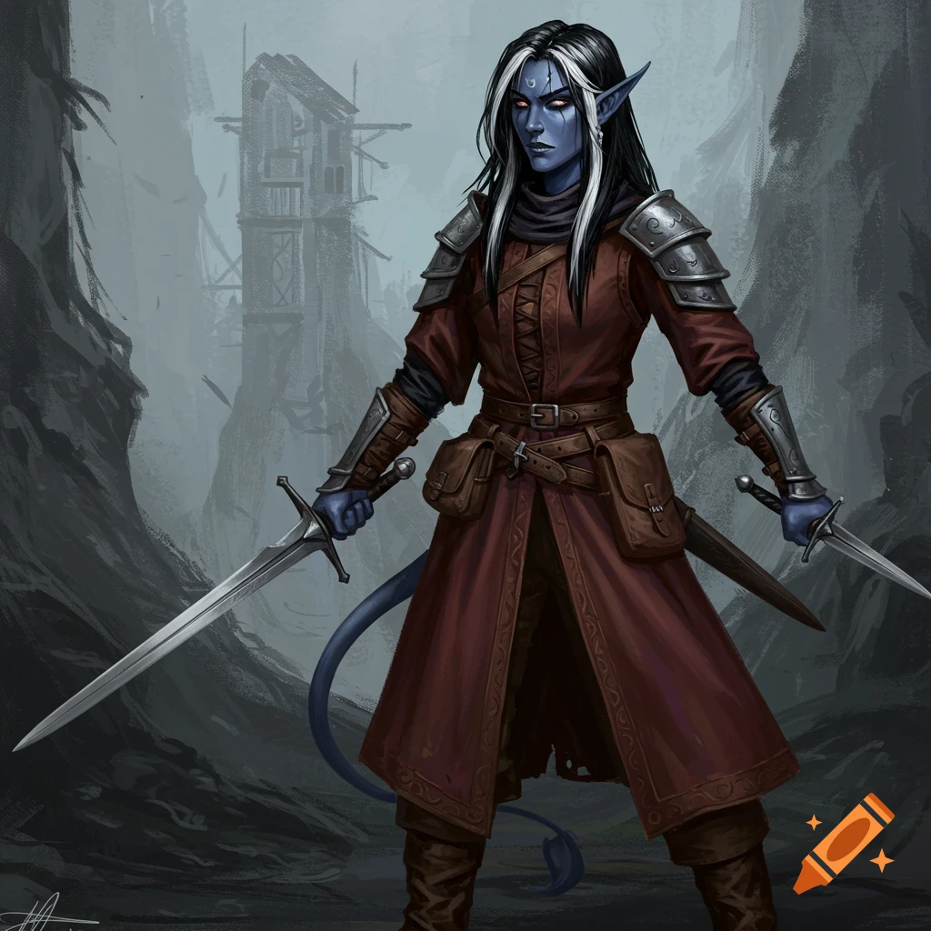 A female blue-skinned fantasy character in armor and coat, wielding two swords in a ruinous landscape.
