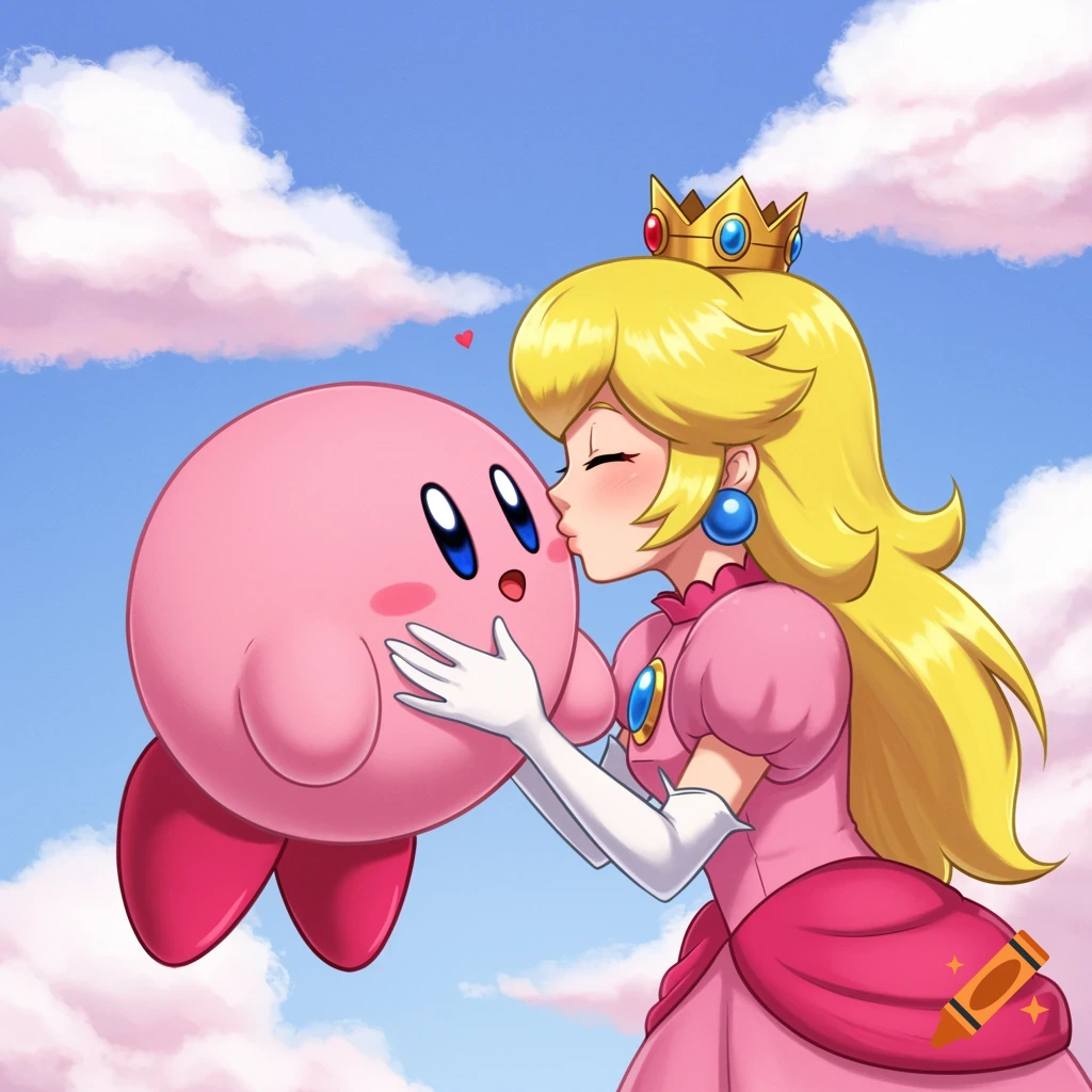 Princess Peach kisses Kirby in a vibrant anime style against a cloudy sky.