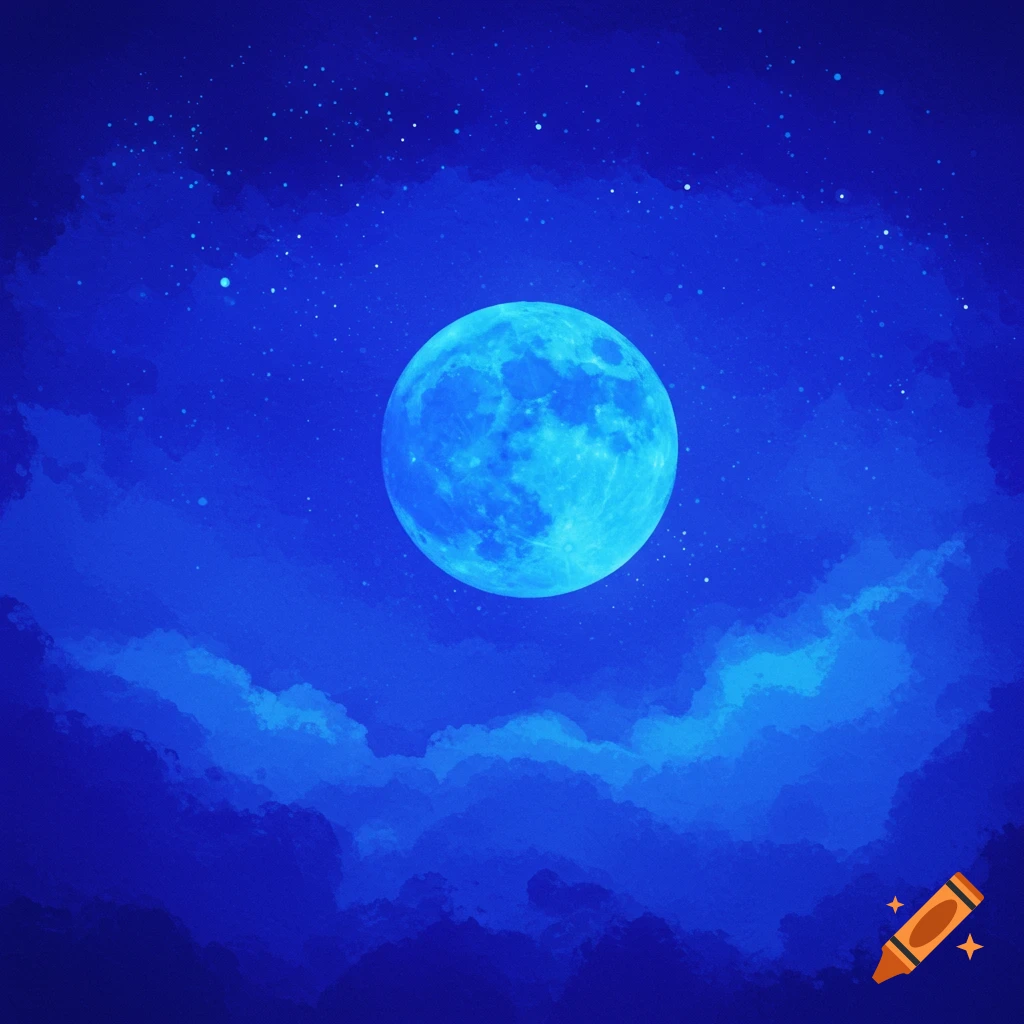 A large blue moon hangs in a starry indigo night sky above dark clouds.