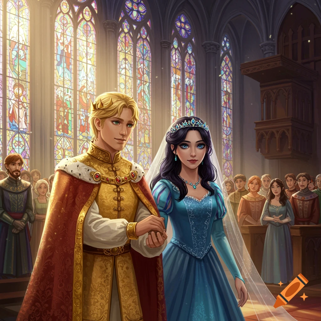 A king and princess marry in a grand cathedral with stained glass windows in a fairytale style.