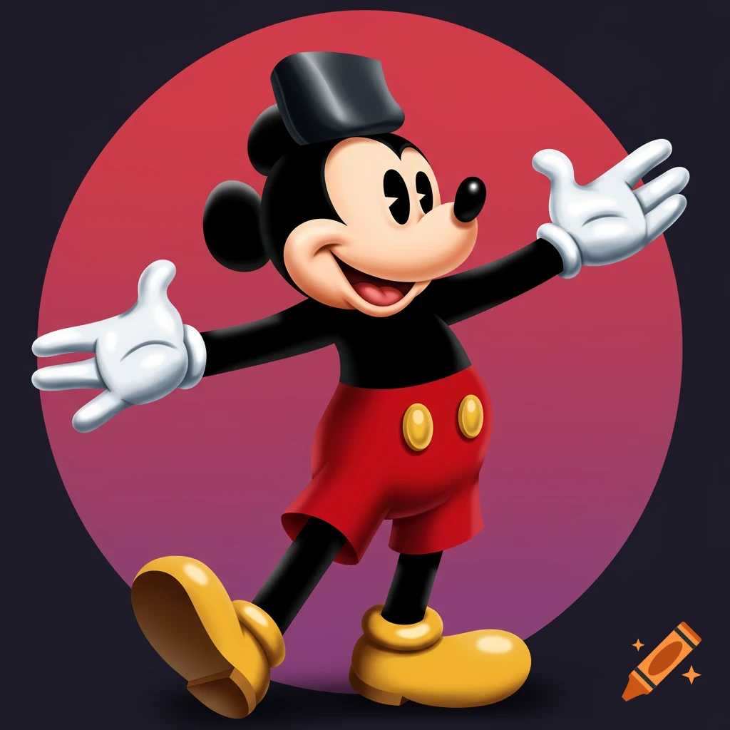 Mickey Mouse standing with arms open in front of a red circle.