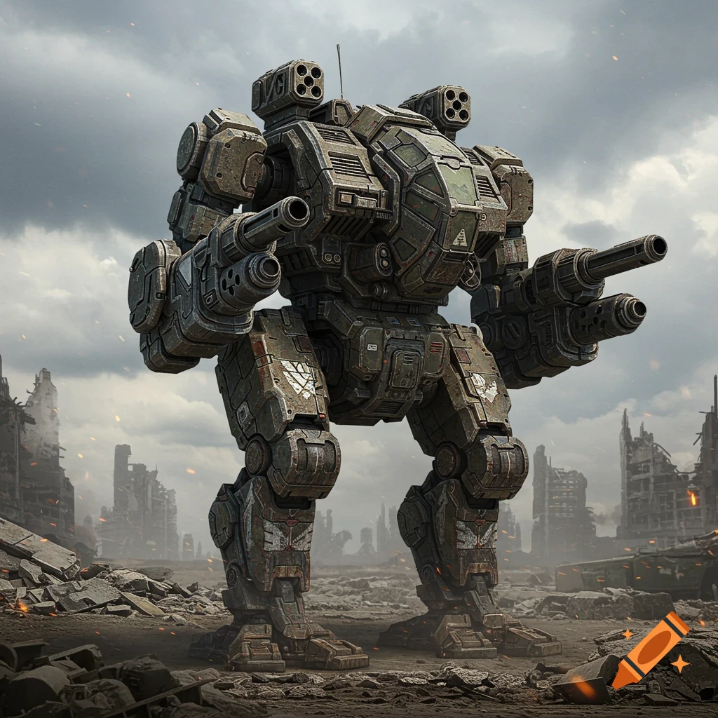A large military mech stands in a ruined city under cloudy skies.