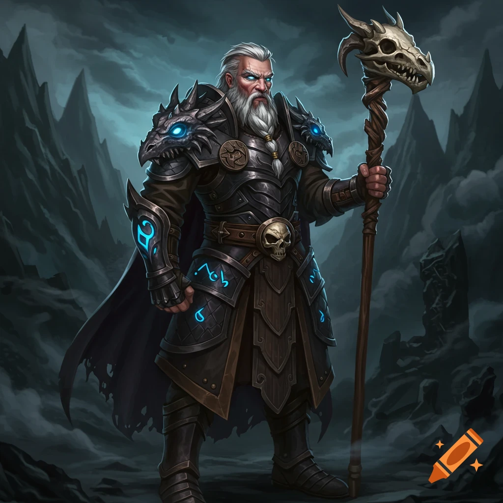 An old man in dark dragon armor with glowing runes holds a staff topped with a dragon skull, in a fantasy landscape. Digital art.