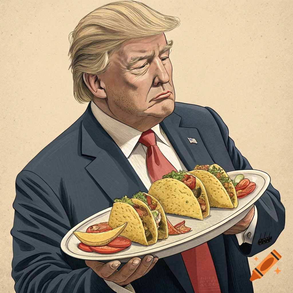 Illustration of Donald Trump holding a plate of tacos in a cartoon style.
