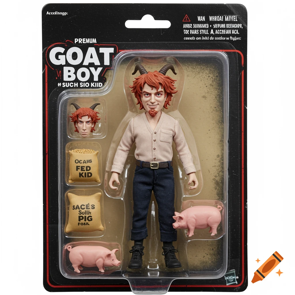 An action figure of Goat Boy in blister pack toy packaging with pig and feed accessories.