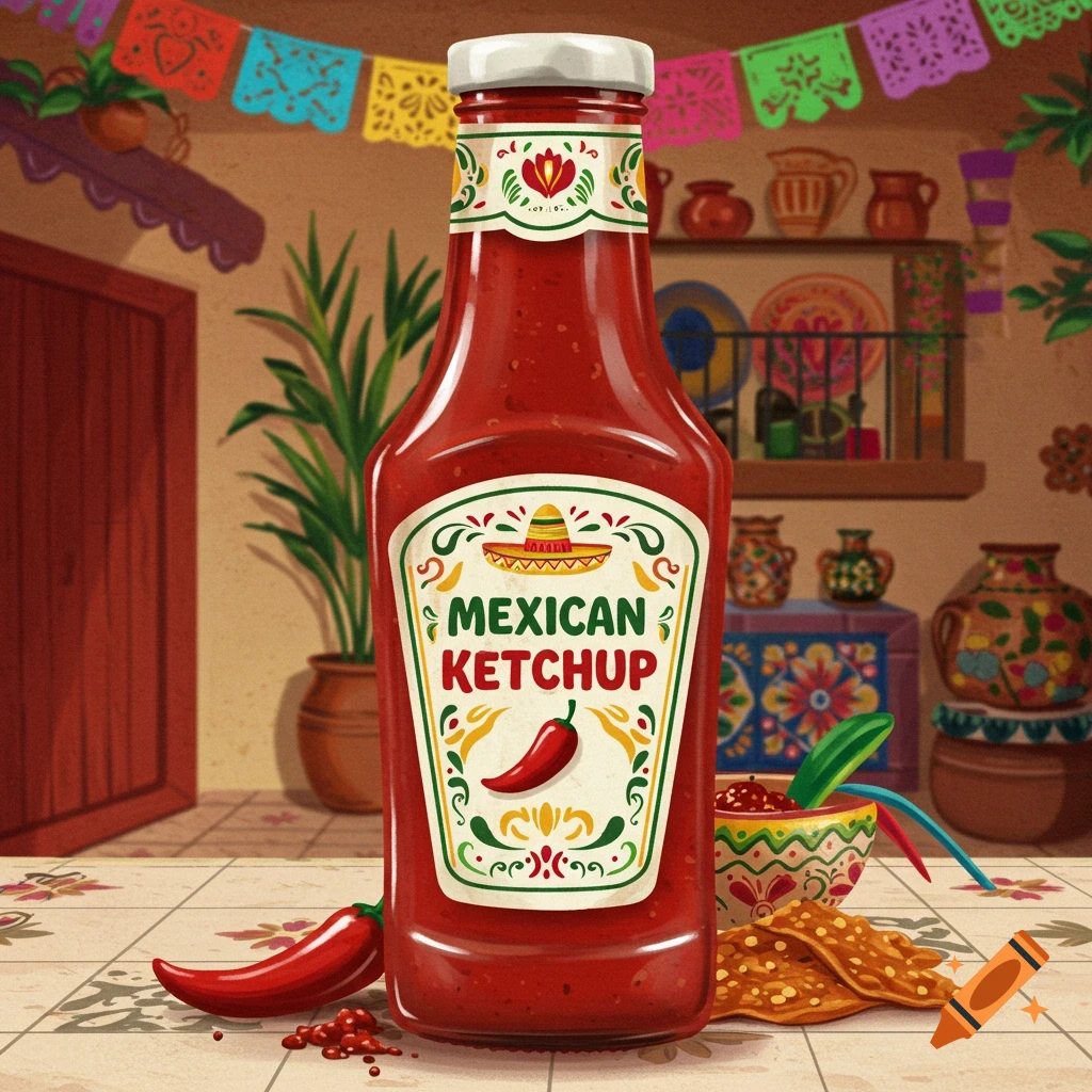 A bottle of Mexican ketchup sits on a table with chili peppers, chips, and salsa, decorated with papel picado banners.