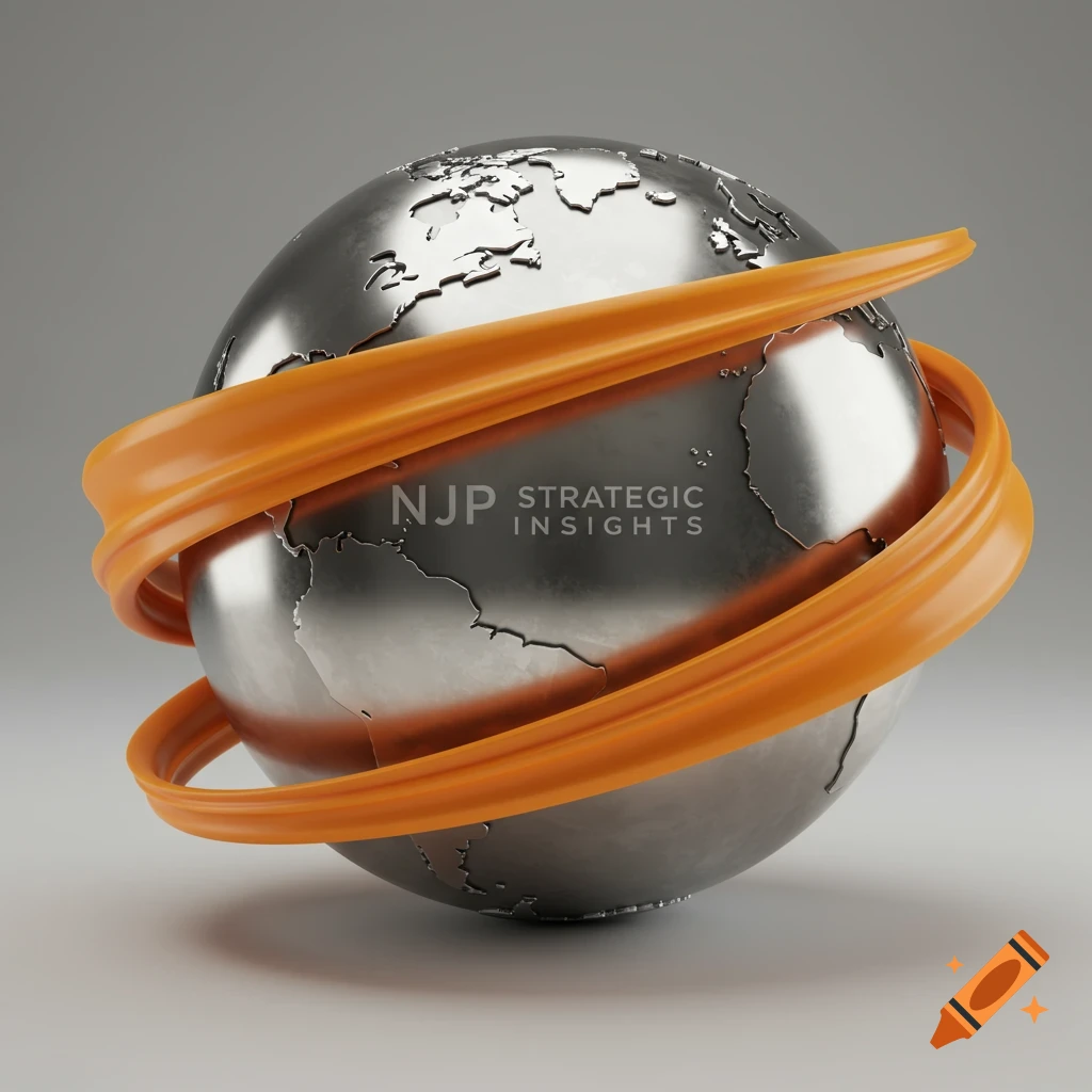 Polished steel globe with an orange swirl and the text NJP Strategic Insights