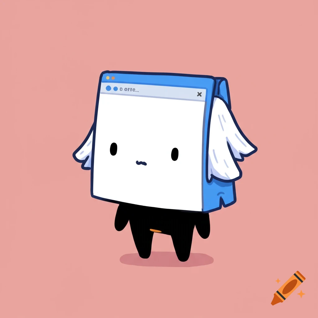 Cute cartoon character made of a browser window with small wings
