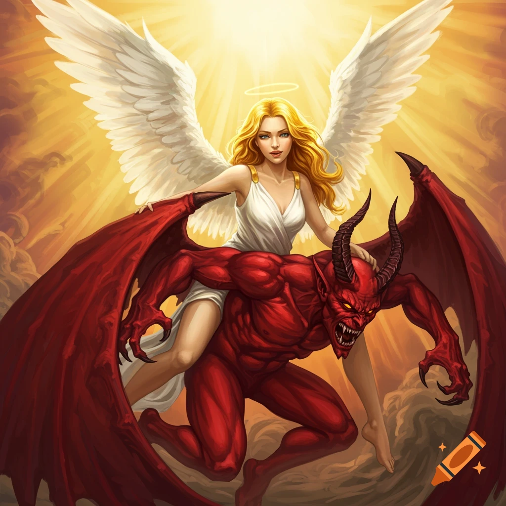 Wing Ridden Angel Thumbnail An angel with white wings is riding a red demon with horns and red ...