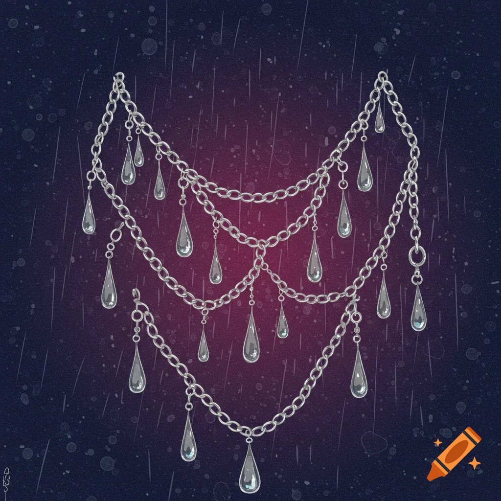 Digital illustration of silver chains with teardrop drops against a dark, rainy background.