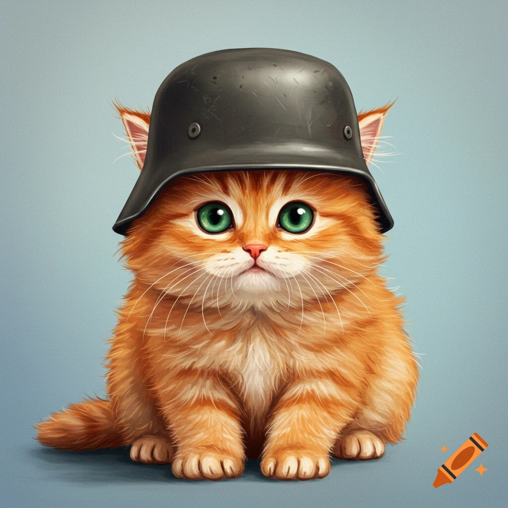 A cute fluffy orange kitten wearing a dark helmet.