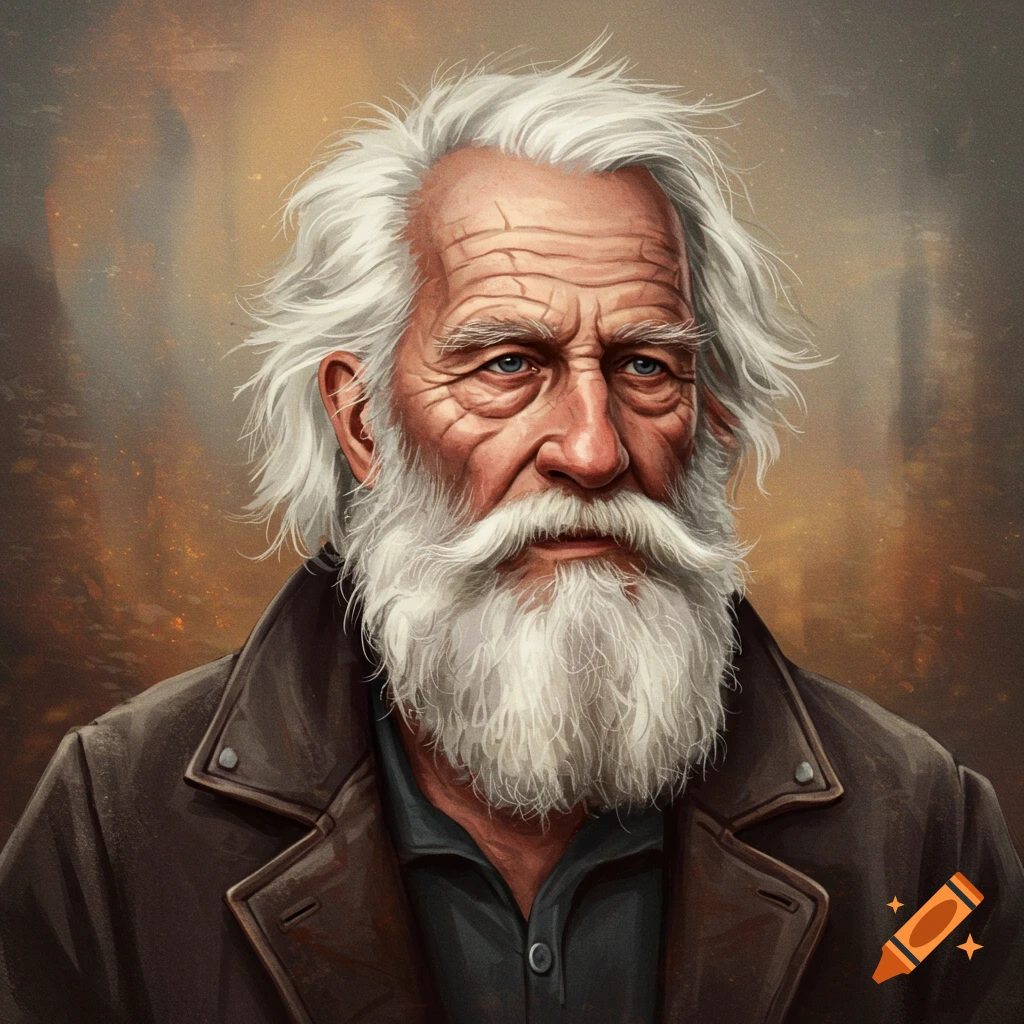 A man with a long white beard, spiky white hair, and a brown jacket.