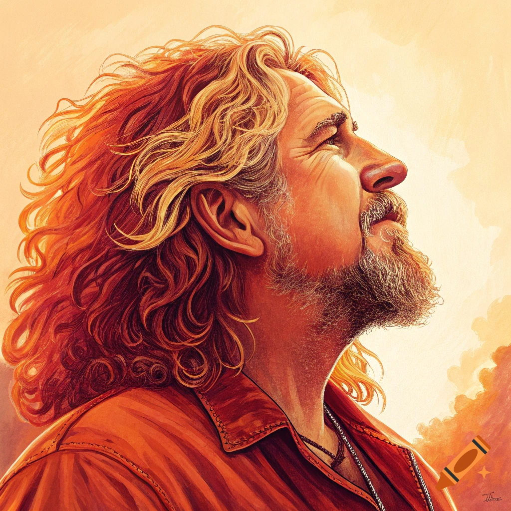 Orange-hued painting of a man in profile looking up.