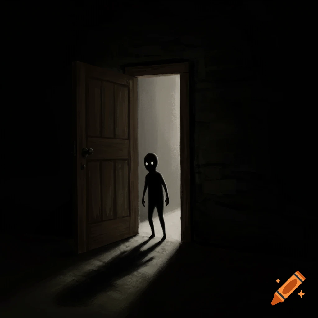 A silhouetted figure with glowing eyes stands in a dark doorway, casting a long shadow.
