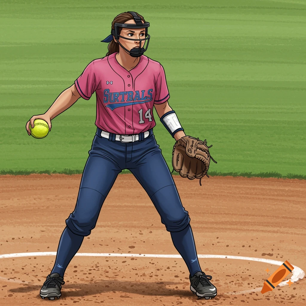 A girl in a pink softball jersey, blue pants, and mask holds a ball and glove on a dirt field, illustration style.