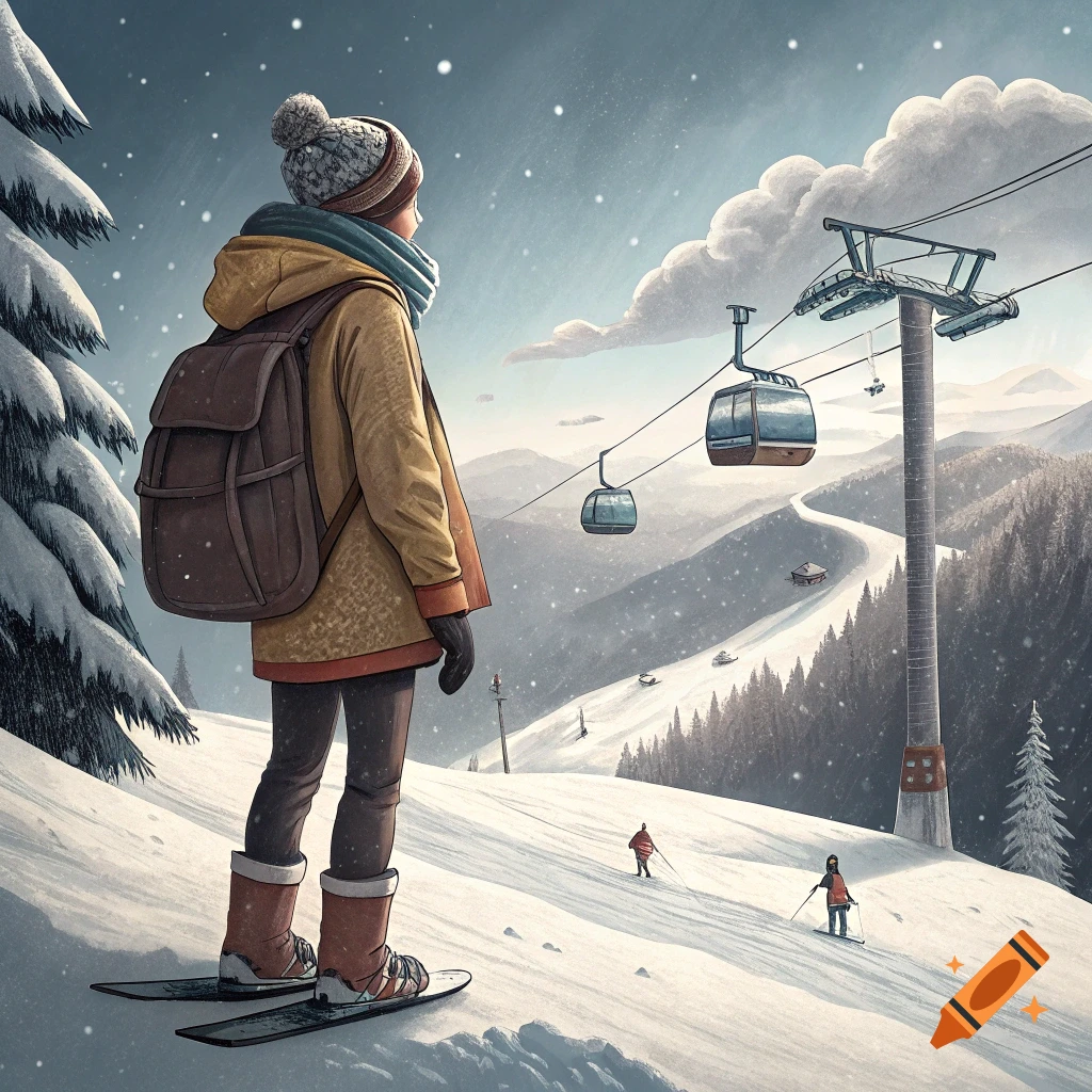 A person with a backpack stands on skis, looking out over a snowy mountain landscape with a ski lift.