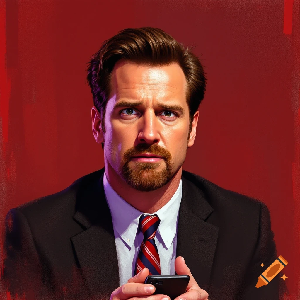 A man in a suit and tie is holding a phone against a red background.