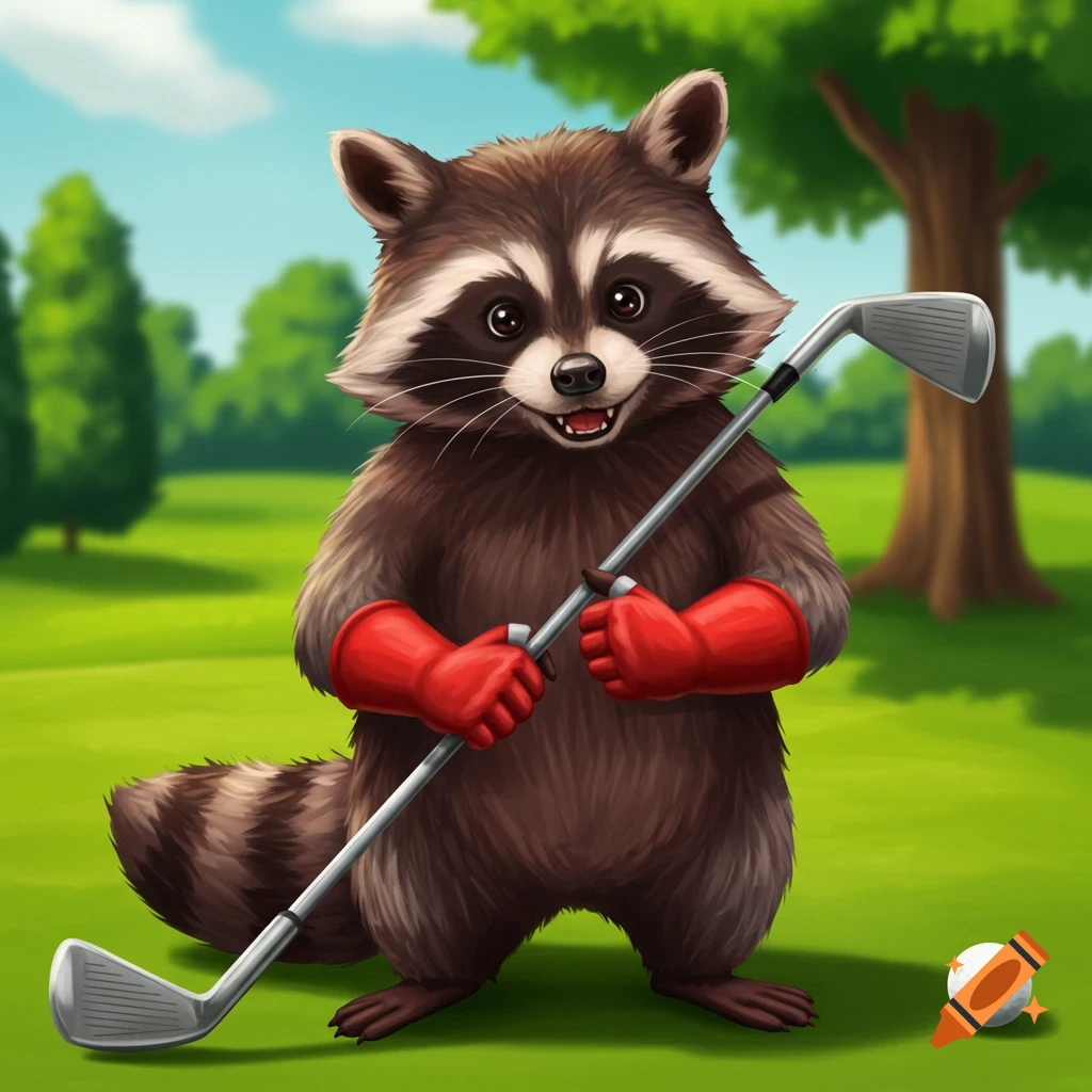 Cartoon raccoon wearing red gloves holds a golf club on a golf course.
