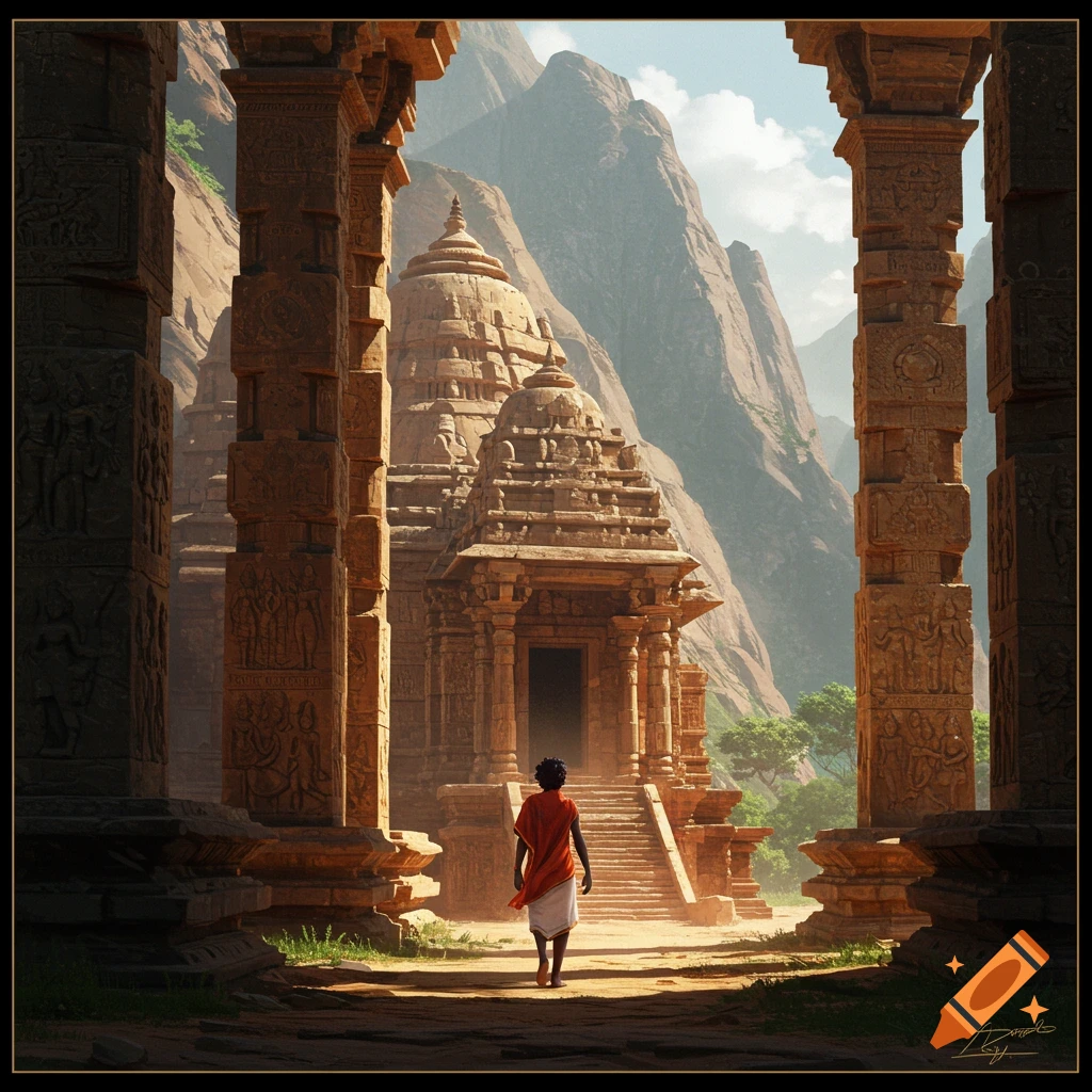 A person walks towards an ancient stone temple framed by stone pillars, set against mountains.