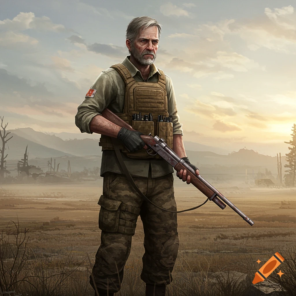 An older man in tactical gear holding a rifle stands in a field at sunset.