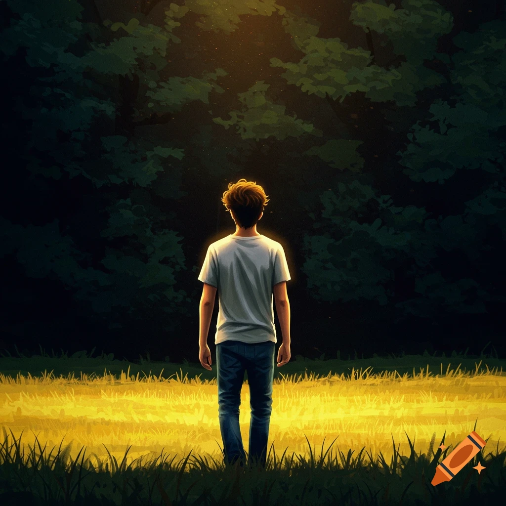 A young man stands in a sunlit field, gazing towards a dark forest.