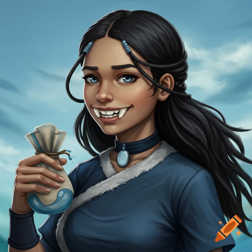 A cartoon-style portrait of a young woman in blue clothes, smiling with pointy teeth and holding a pouch.