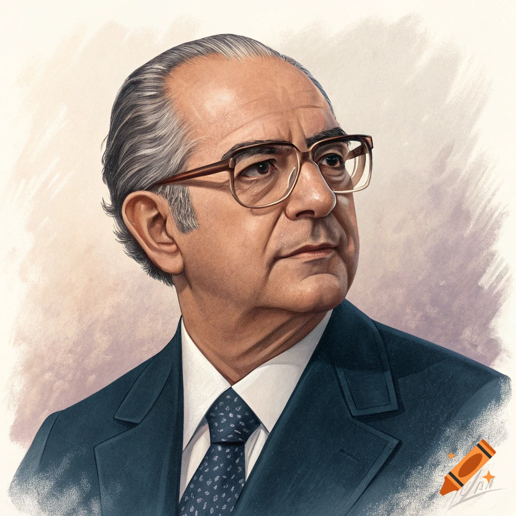 Illustration of a man in a suit and glasses looking right