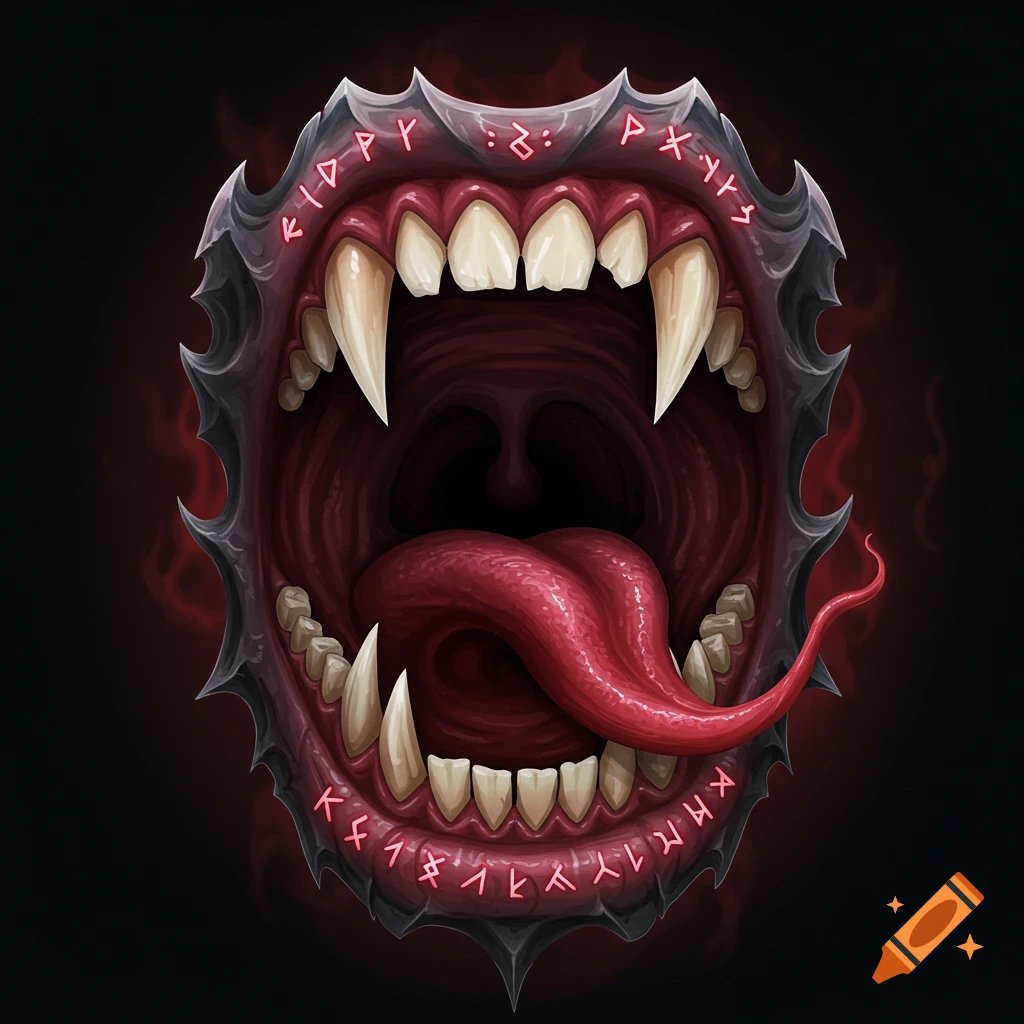 Stylized open monster mouth with sharp teeth, long tongue, and glowing runes on a dark background.